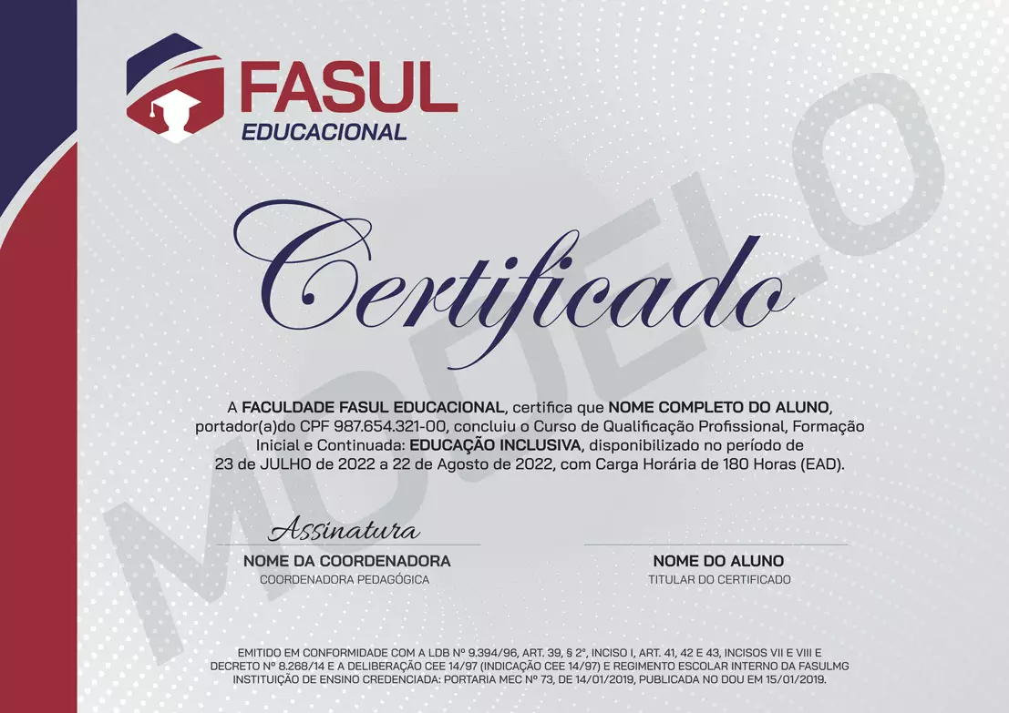 Cursos Grátis EAD - Modelo do Certificado Fasul Educacional Frente