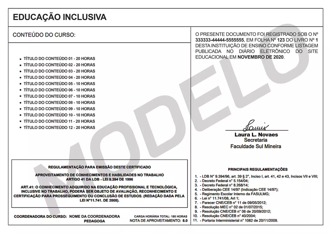 Cursos Grátis EAD - Modelo do Certificado Fasul Educacional Verso